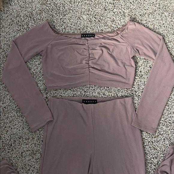 Nude Off-Shoulder Top and Ruched Leggings Set - Picture 2 of 5